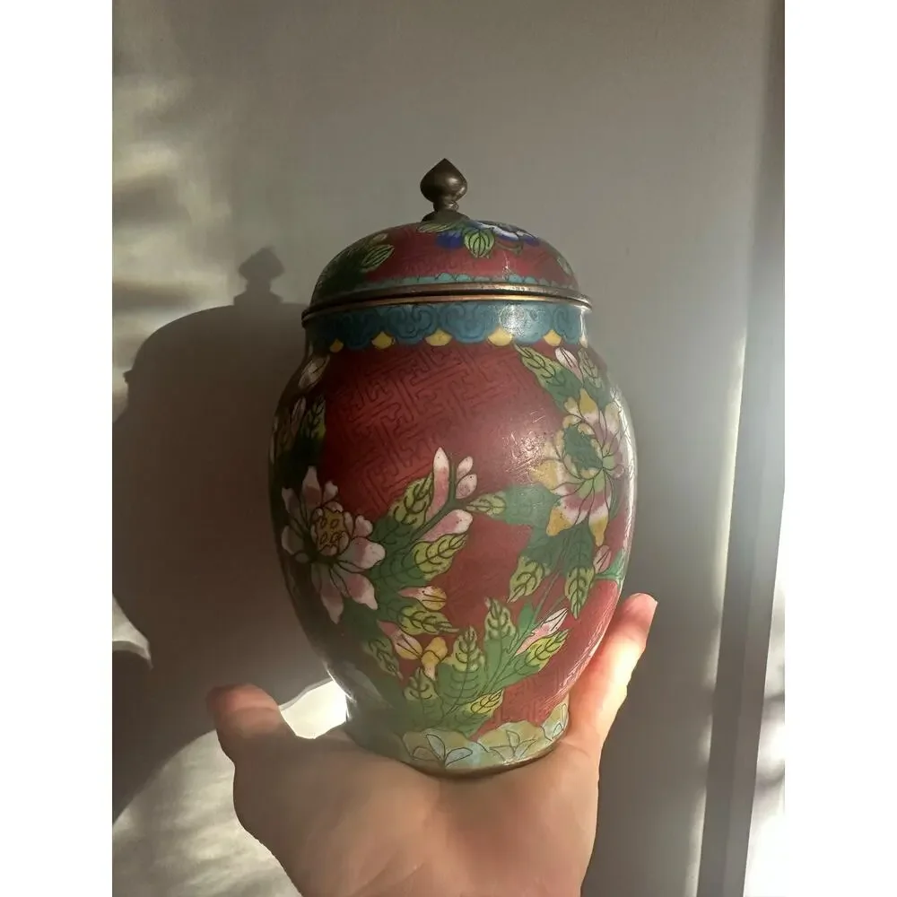 Vintage Chinese Cloisonné Enamel Ginger Jar Flowers  8” rust blue turquoise
